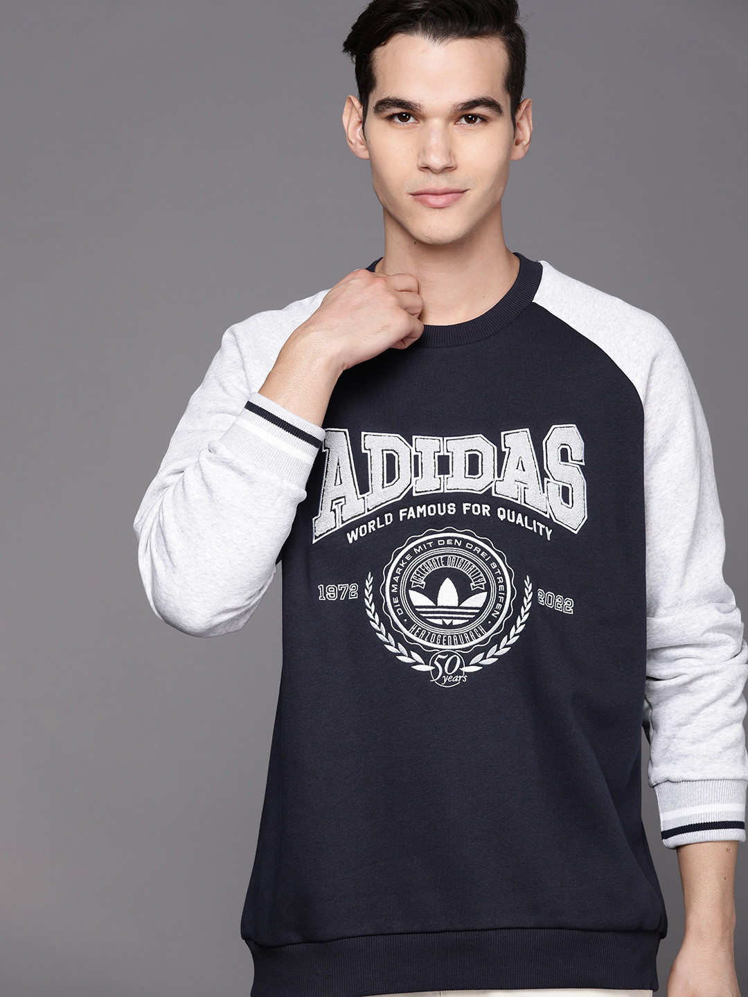 ADIDAS Originals Men Navy Blue & Grey Brand Logo Printed Sweatshirt
