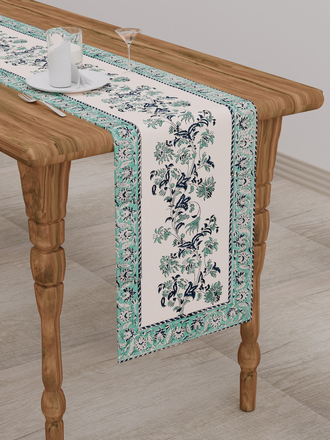 Clasiko Green & White Block Printed Rectangle Runners