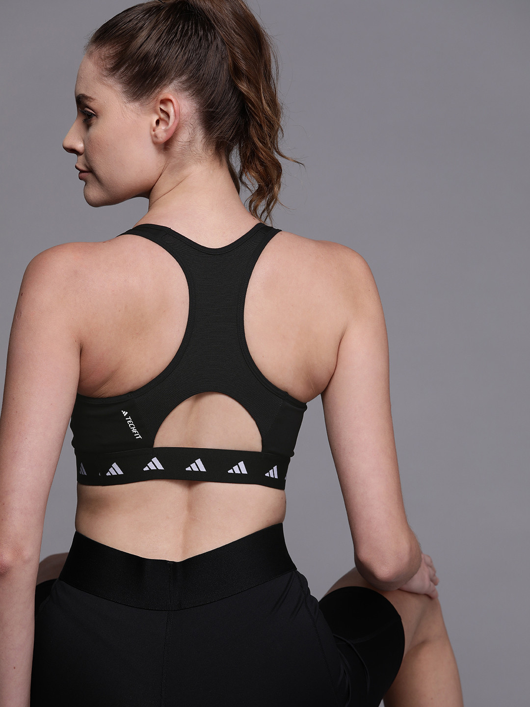 ADIDAS Women Black Power React Medium Support Tech Fit Aeroready Training Bra