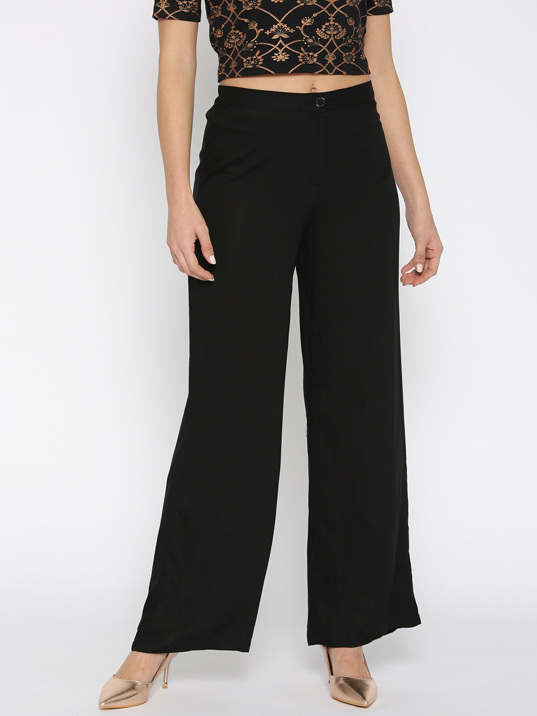 Buy Global Desi Women Black Regular Fit Solid Parallel Trousers