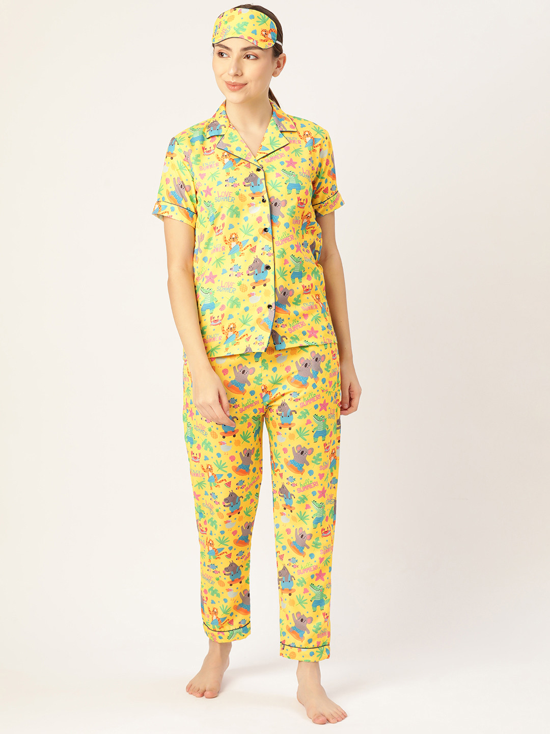 bedgasm Women Yellow & Green Printed Night suit With Eye Mask