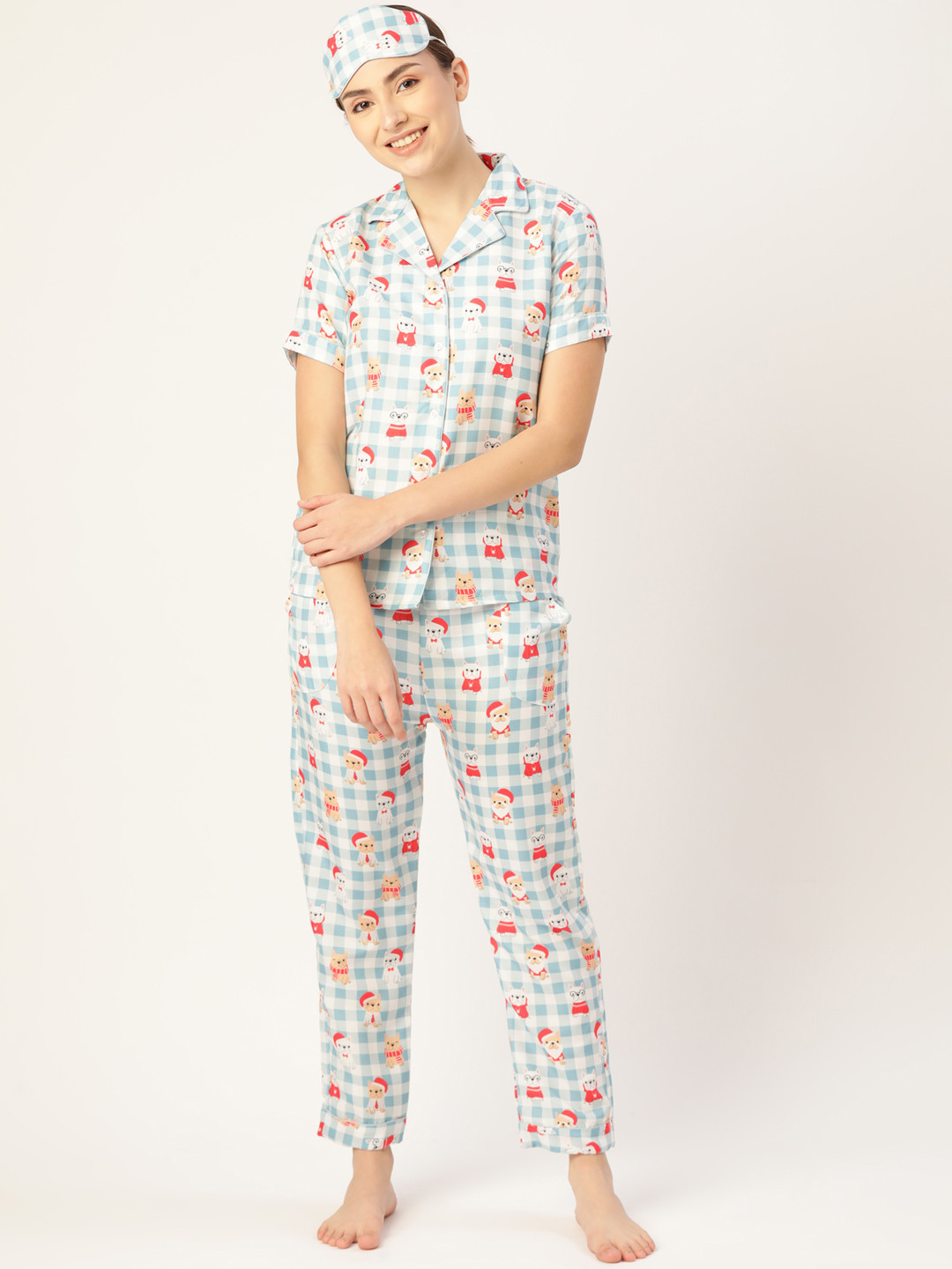 bedgasm Women White & Blue Printed Night suit With Eye Mask
