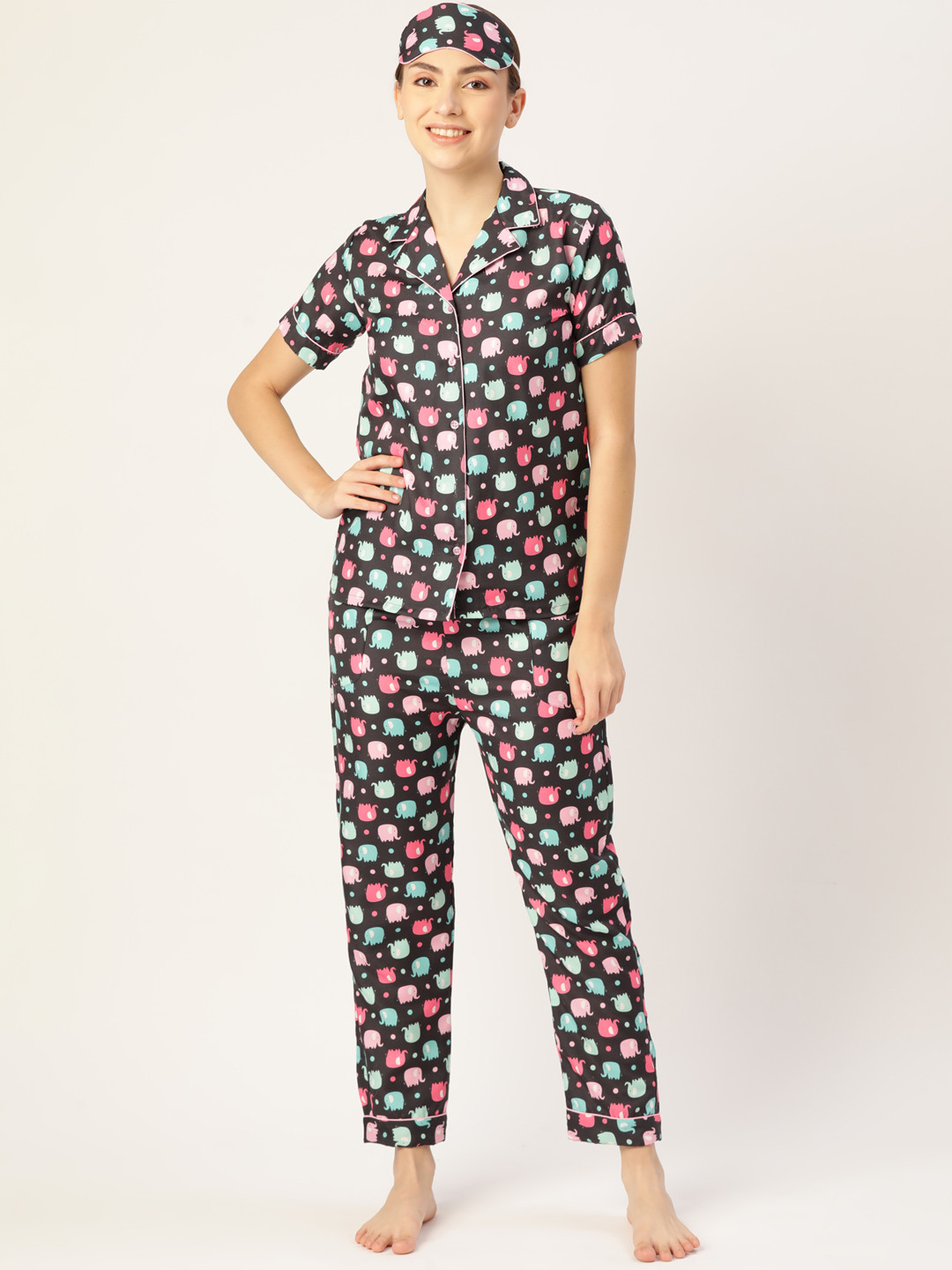 bedgasm Women Black & Blue Printed Night suit With Eye Mask