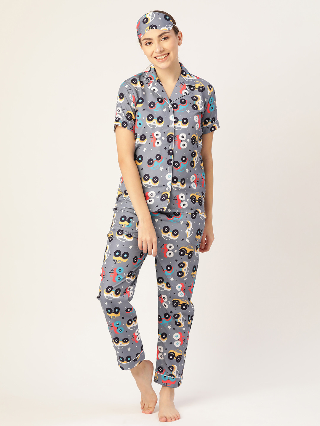 bedgasm Women Grey & Black Printed Night suit