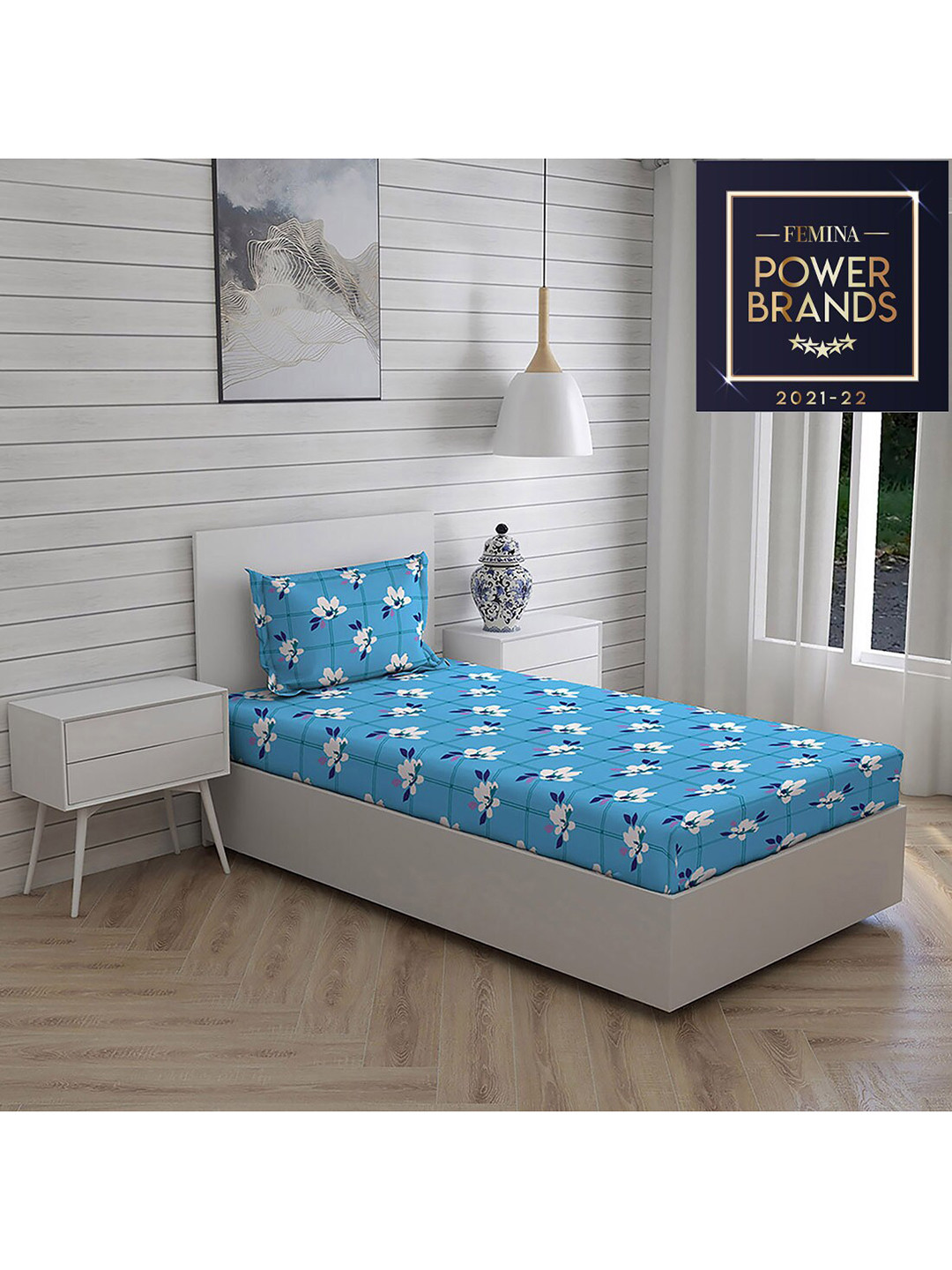Layers Blue Printed 104 GSM Cotton Single Bedsheet Set