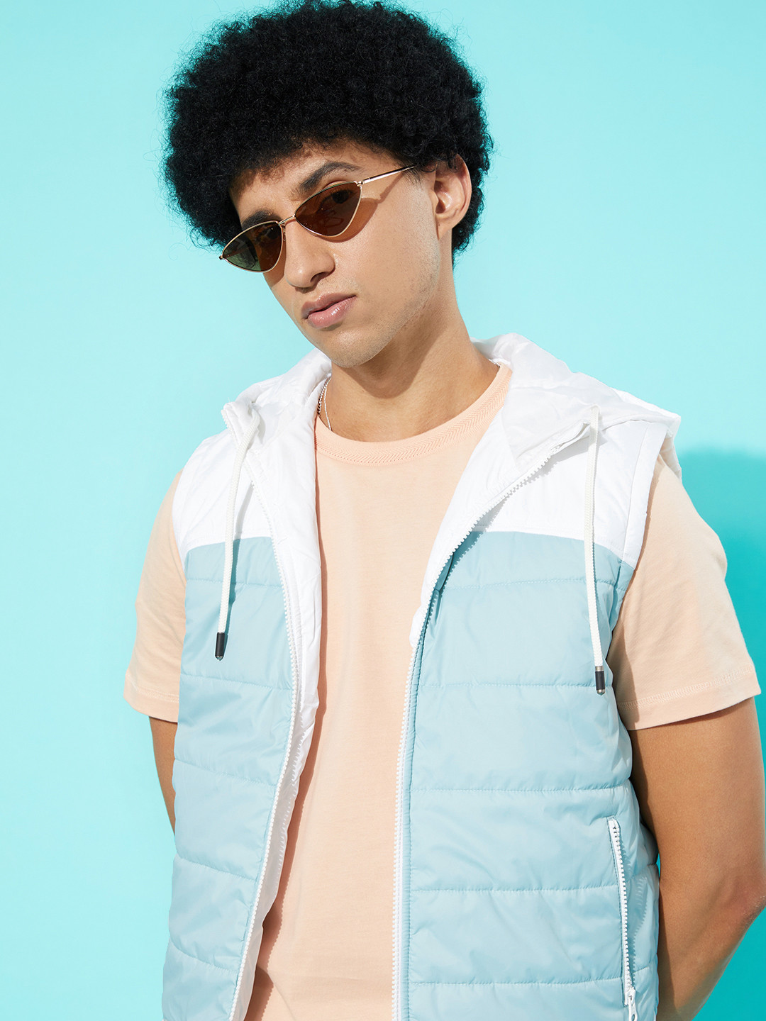 The Roadster Lifestyle Co. Men White And Light Blue Colourblocked Hooded Padded Jacket