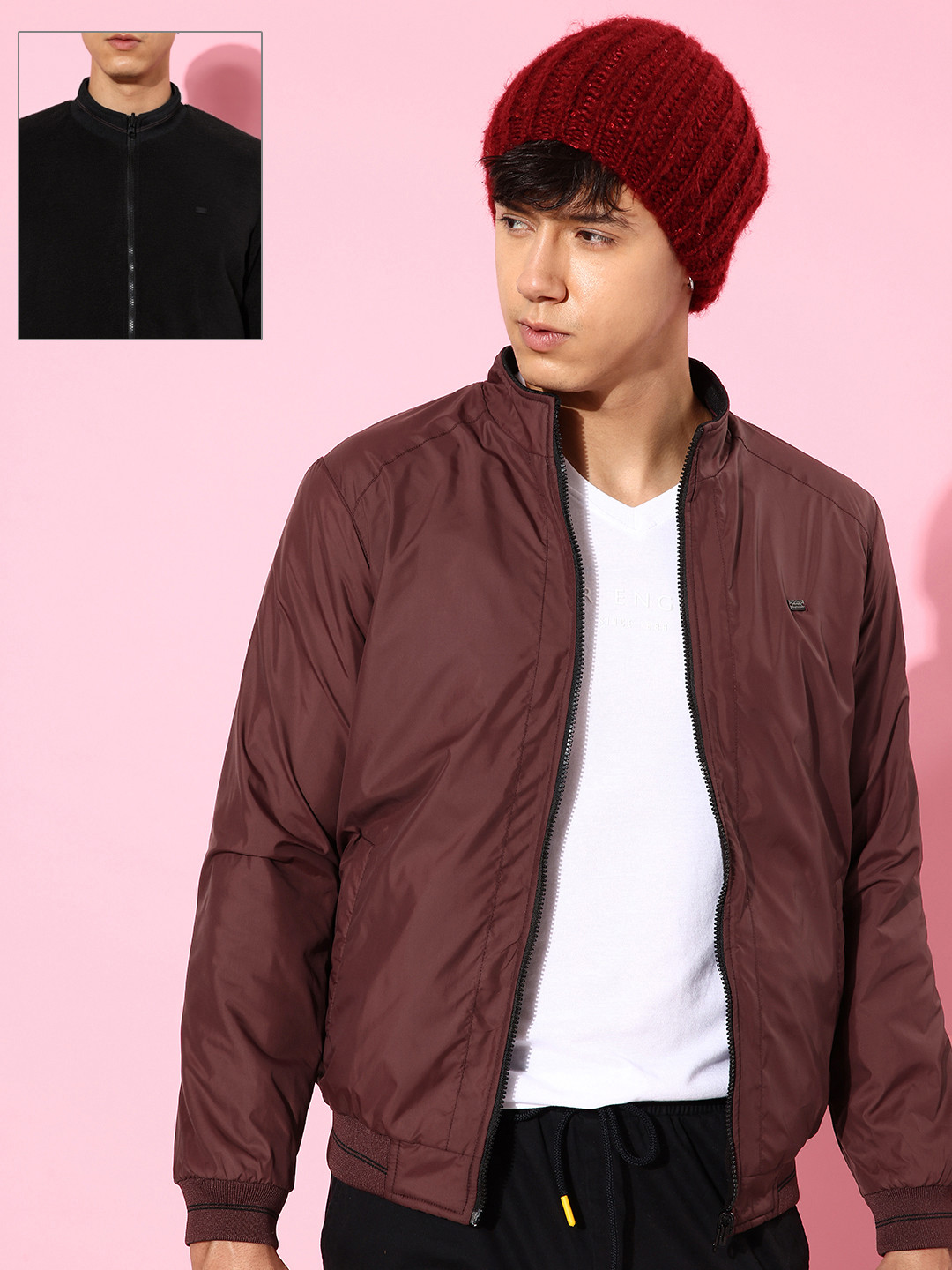 Roadster Men Burgundy & Black Reversible Bomber Jacket