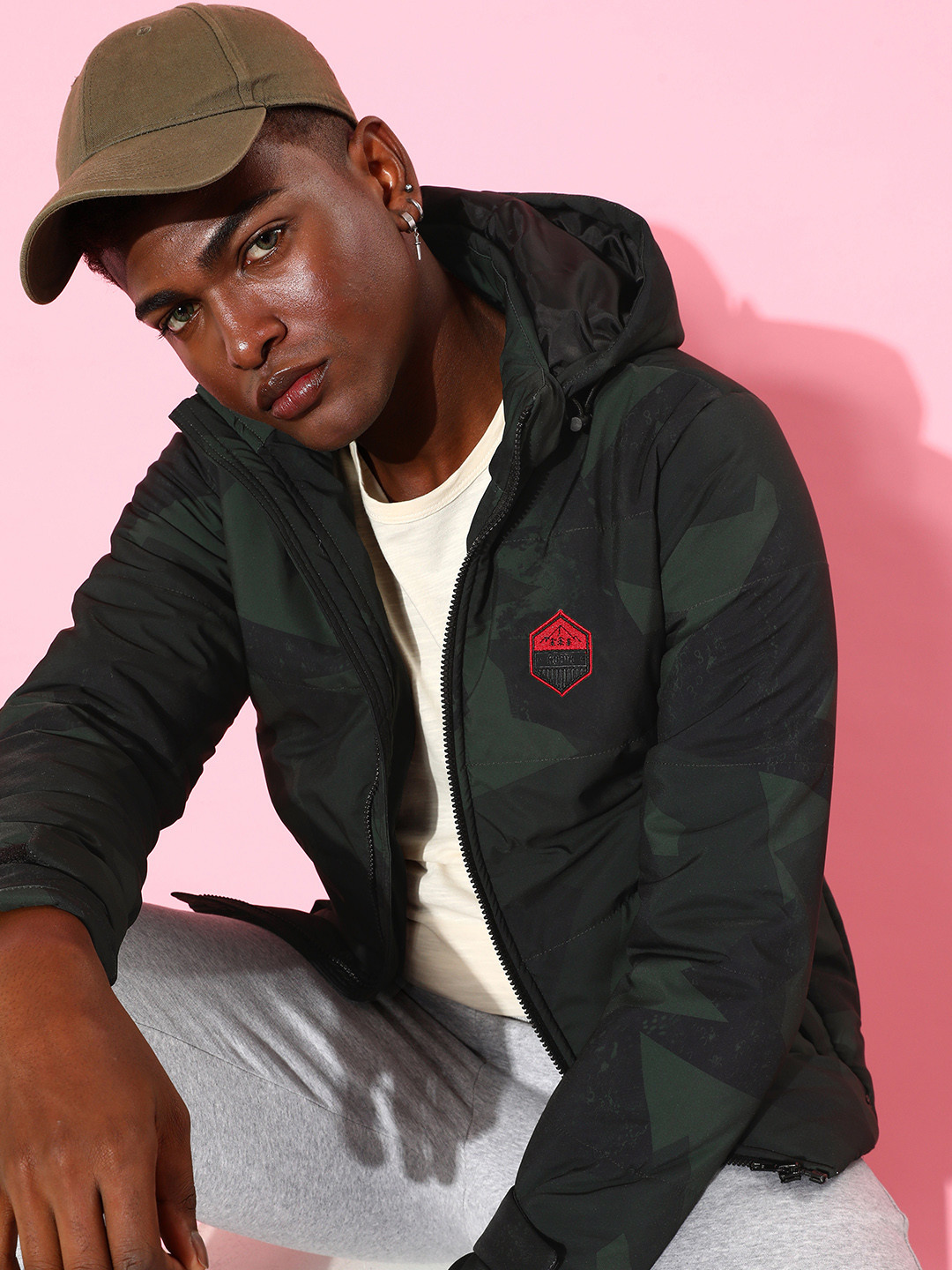 The Roadster Life Co. Men Abstract Printed Hooded Padded Jacket With Embroidered Detail
