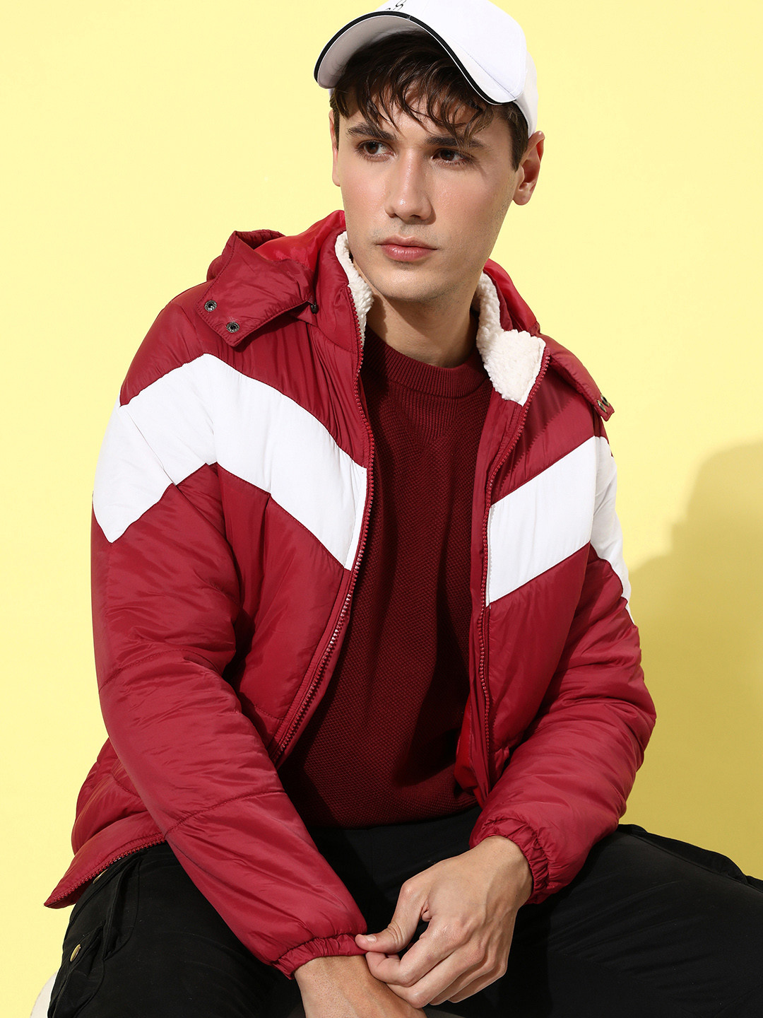 The Roadster Lifestyle Co. Men Cherry Red & White Revisited Nostalgia Blocked Story Jacket