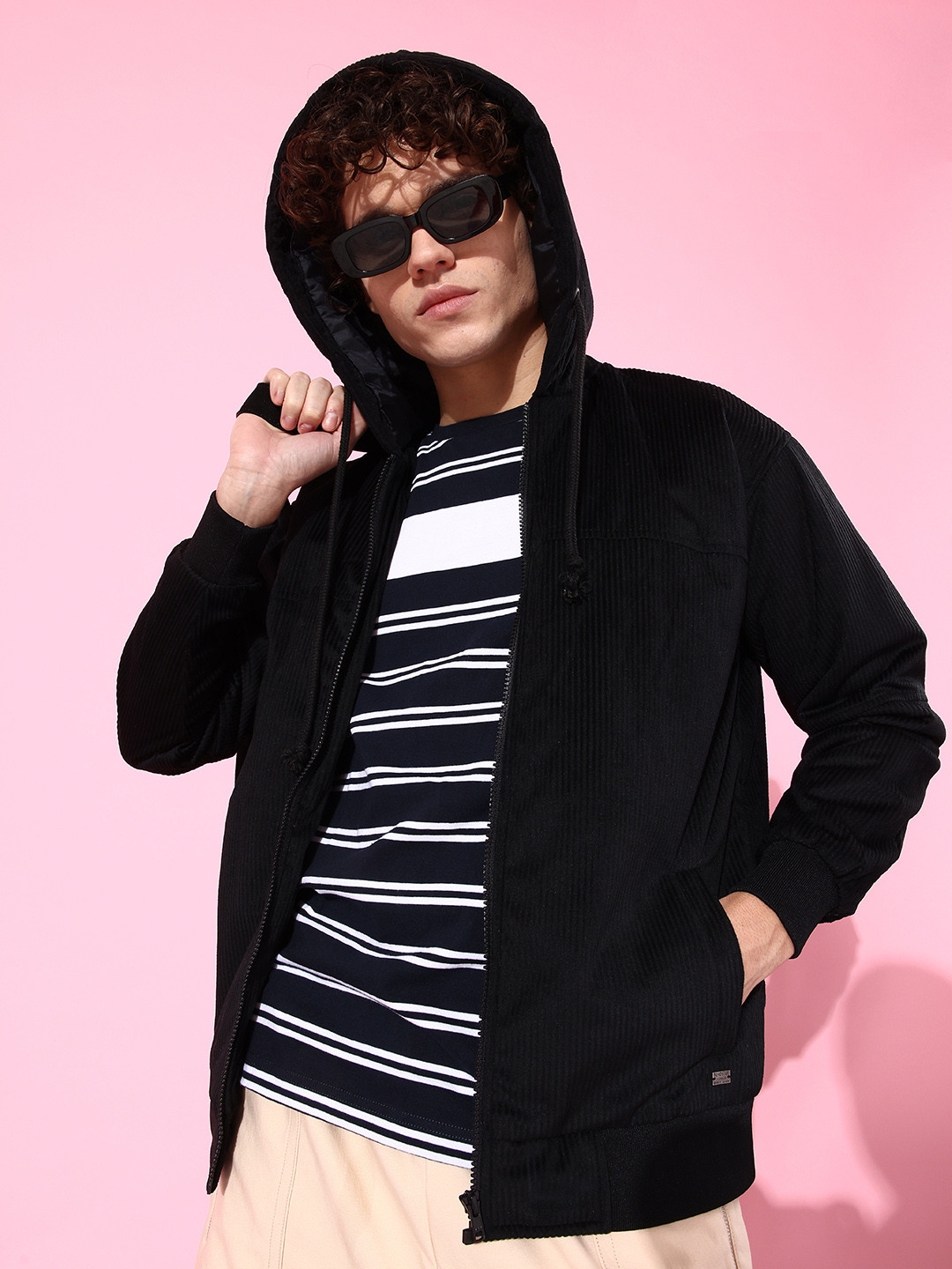 The Roadster Lifestyle Co. Men Black Solid Hooded Corduroy Bomber Jacket