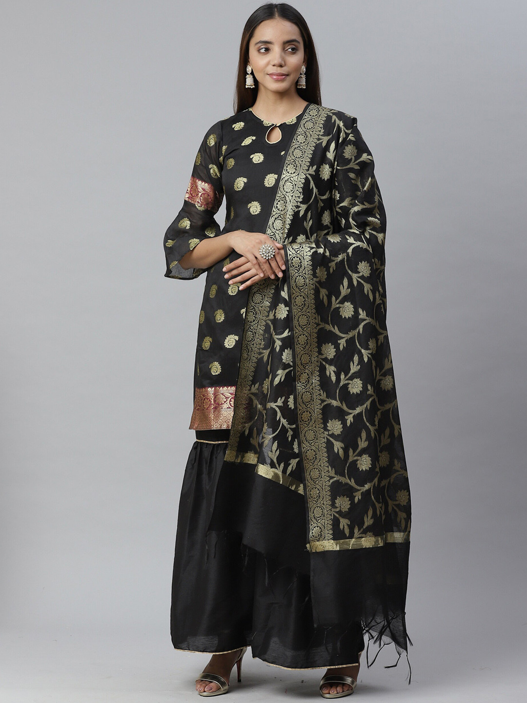 Chhabra 555 Black Banarasi Meenakari Printed Kurta With Sharara & Dupatta