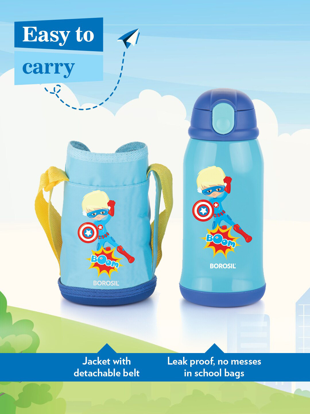 BOROSIL Superhero Blue Cartoon Characters Stainless Steel Double Wall Vacuum Flask - 500ml
