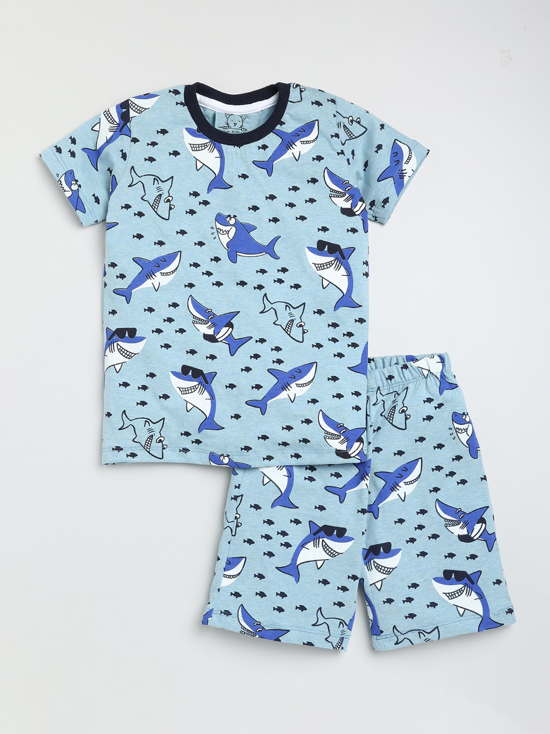 Lazy Shark Boys Blue Printed T-shirt with Shorts