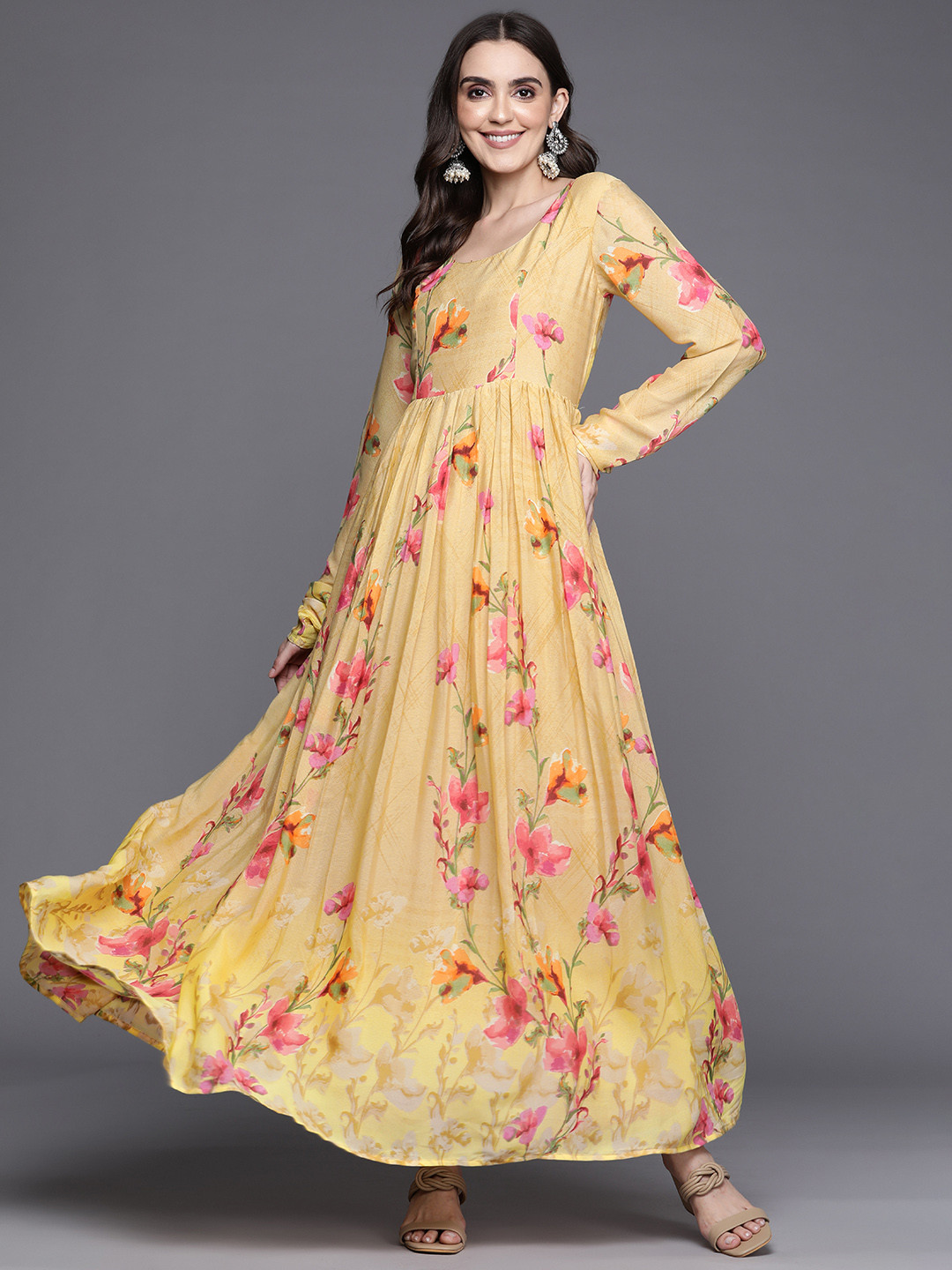 Varanga Women Yellow & Pink Floral Printed Floral Georgette Anarkali Kurta