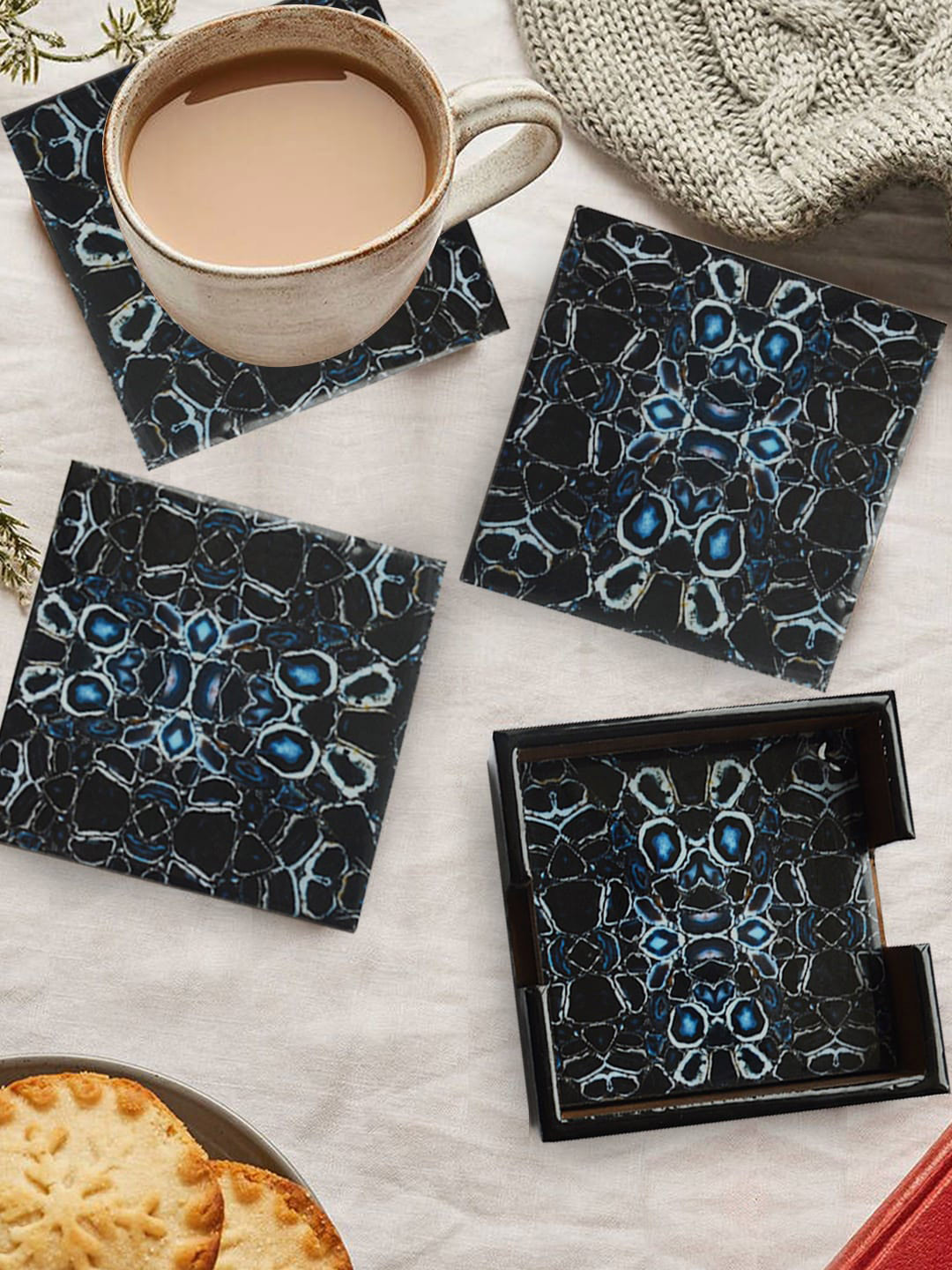 Tranquil square Set Of 6 Blue Printed Wooden Coasters