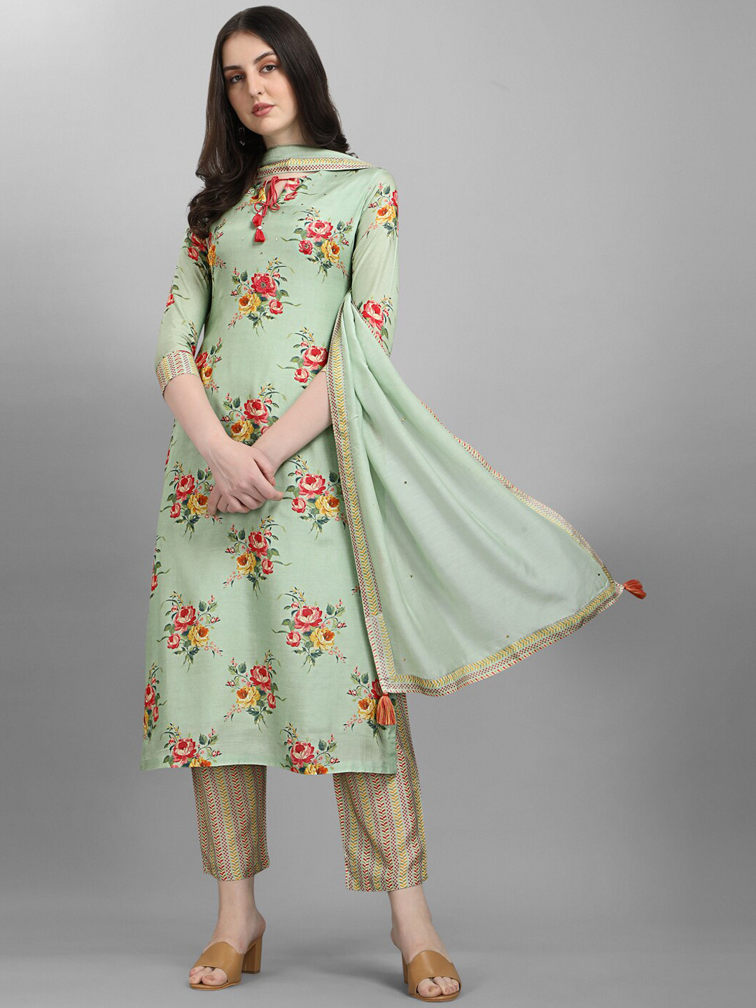 Seerat Women Printed Embroidered Silk Crepe Kurta with Trousers & Dupatta