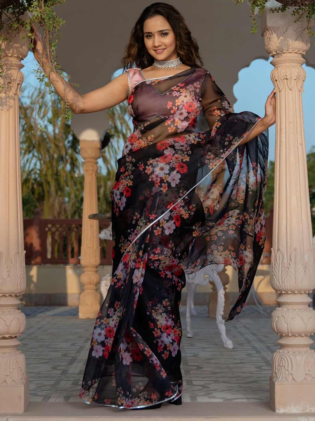 Lavanya The Label Black Floral Organza Saree