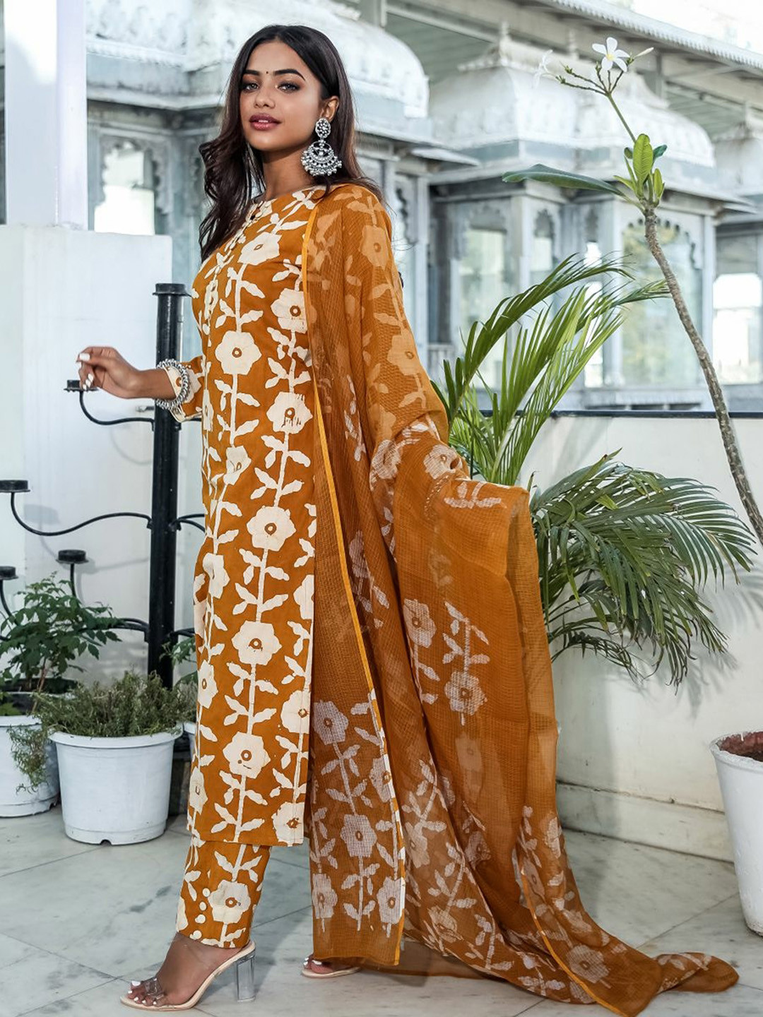 Lavanya The Label Women Brown Printed Empire Pure Cotton Kurti with Palazzos & With Dupatta