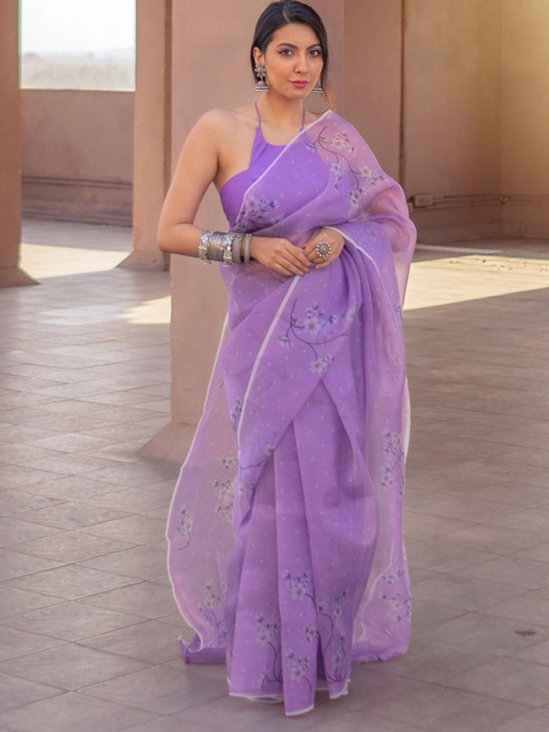 Lavanya The Label Lavender Floral Mukaish Organza Saree