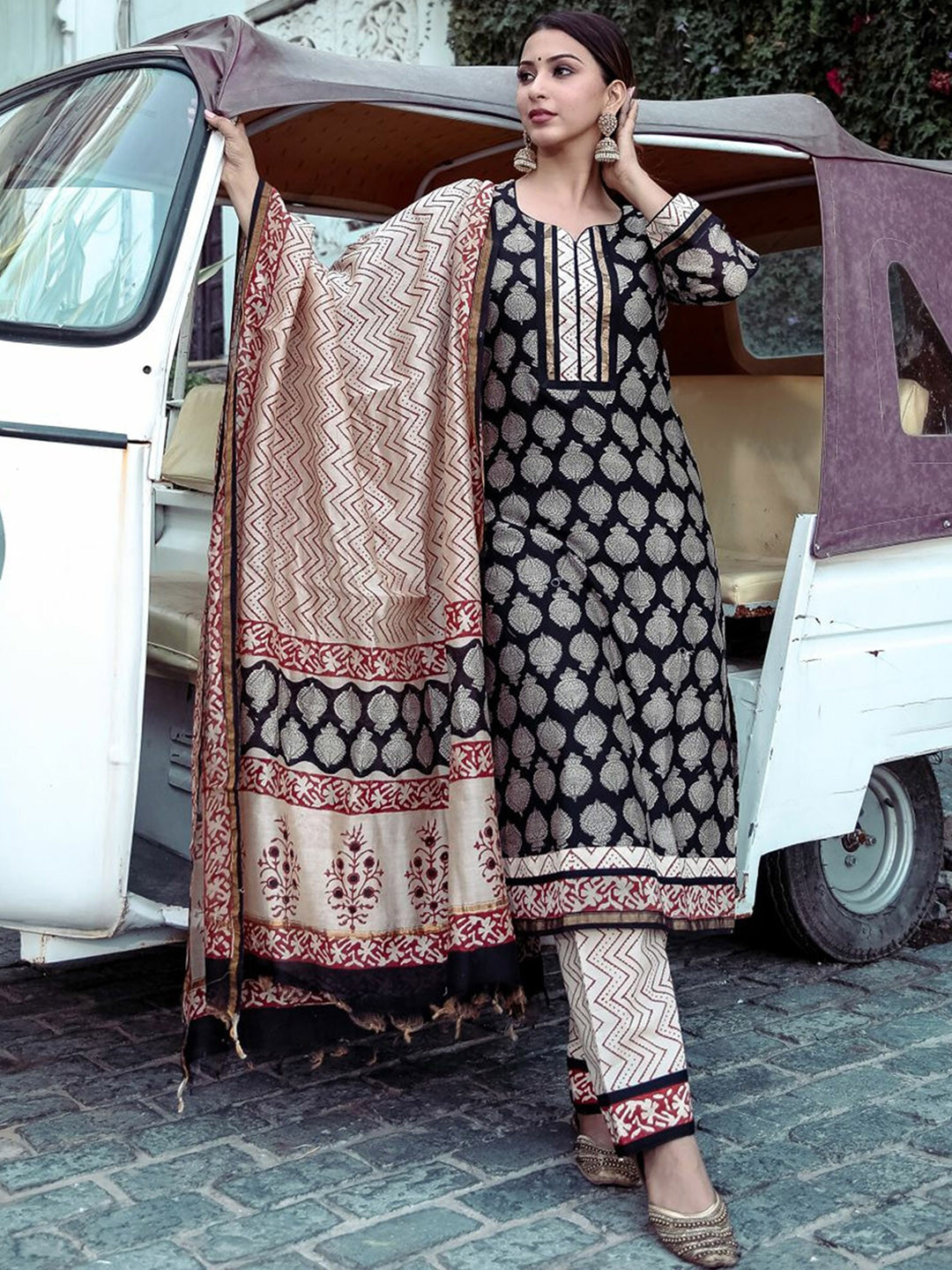 Lavanya The Label Women Black Embroidered Layered Chanderi Cotton Kurta with Salwar & With Dupatta