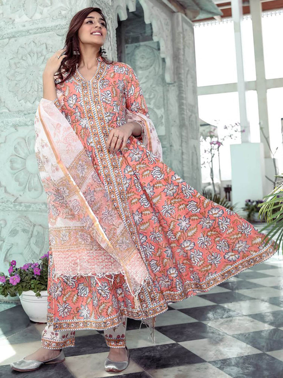 Lavanya The Label Women Peach-Coloured Floral Embroidered Pure Cotton Kurta with Salwar & With Dupatta