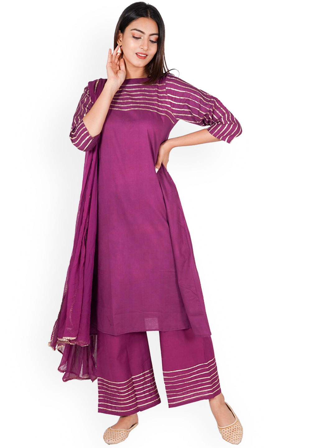 HOUSE OF JAMOTI Women Purple Empire Pure Cotton Kurti with Palazzos & With Dupatta