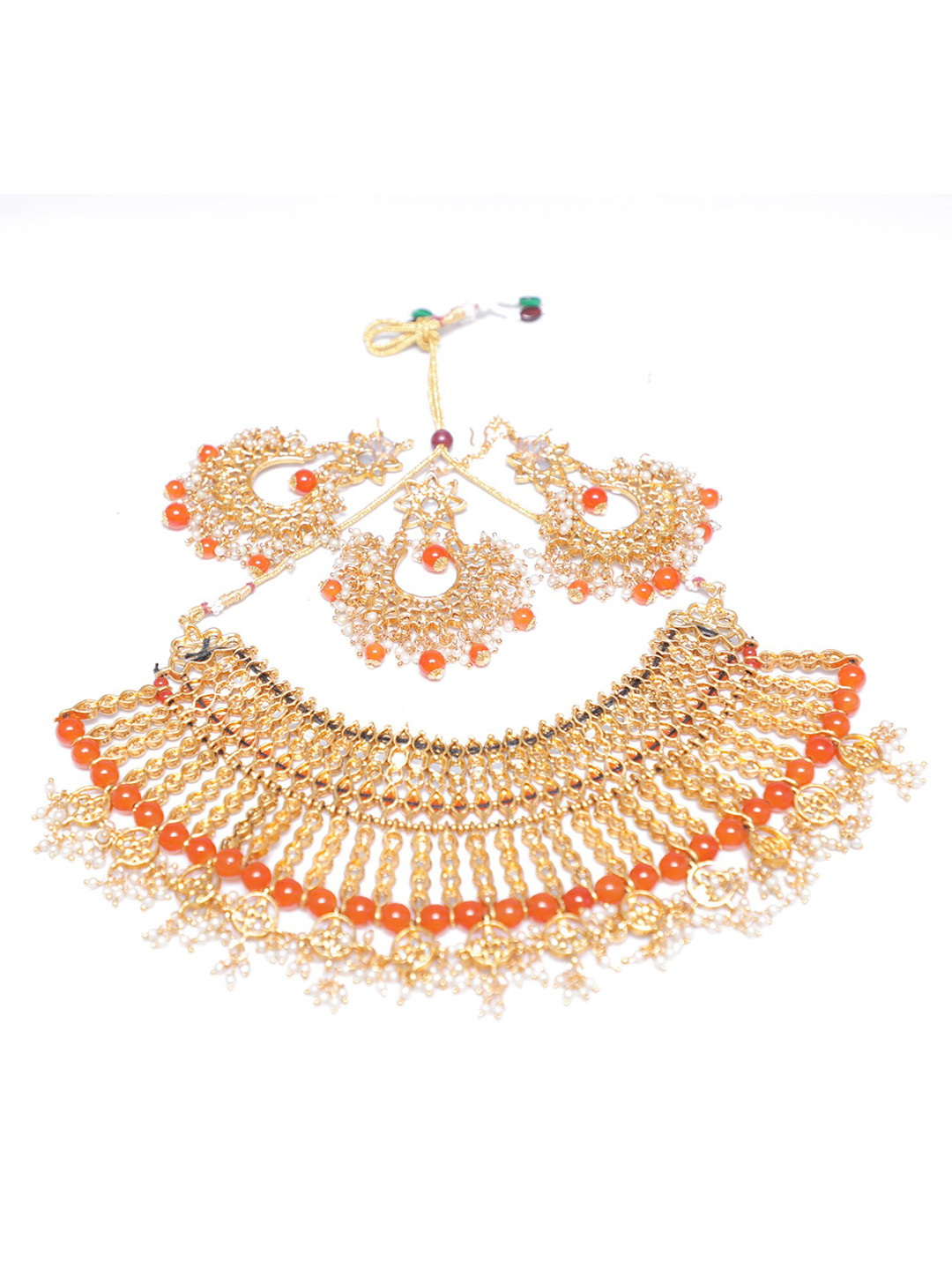 Swarajshop Gold-Plated Orange Kundan Studded Jewellery Set