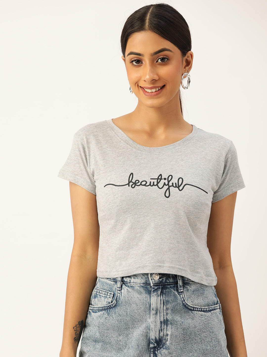 Quinoa Grey Print Boxy Crop Top