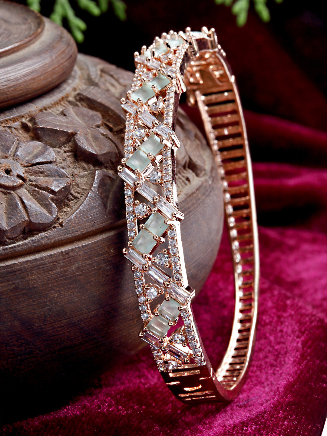KARATCART Rose Gold-Plated Light Green CZ and AD-Studded Bangle