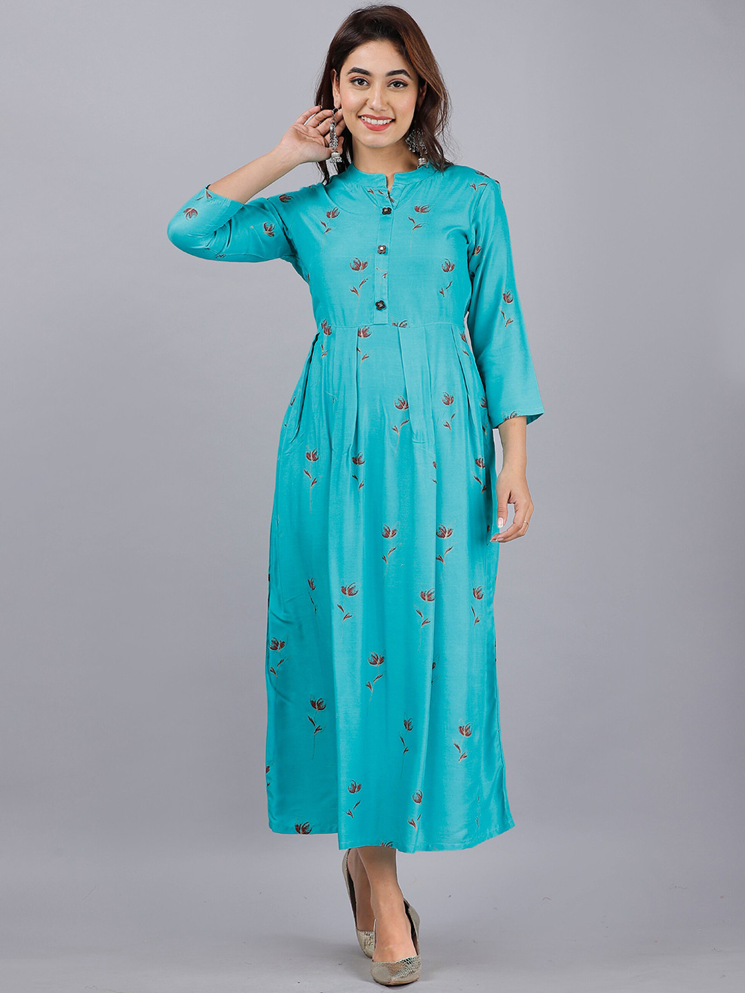 DORIYA Women Blue Striped Cold-Shoulder Sleeves Floral Kurta
