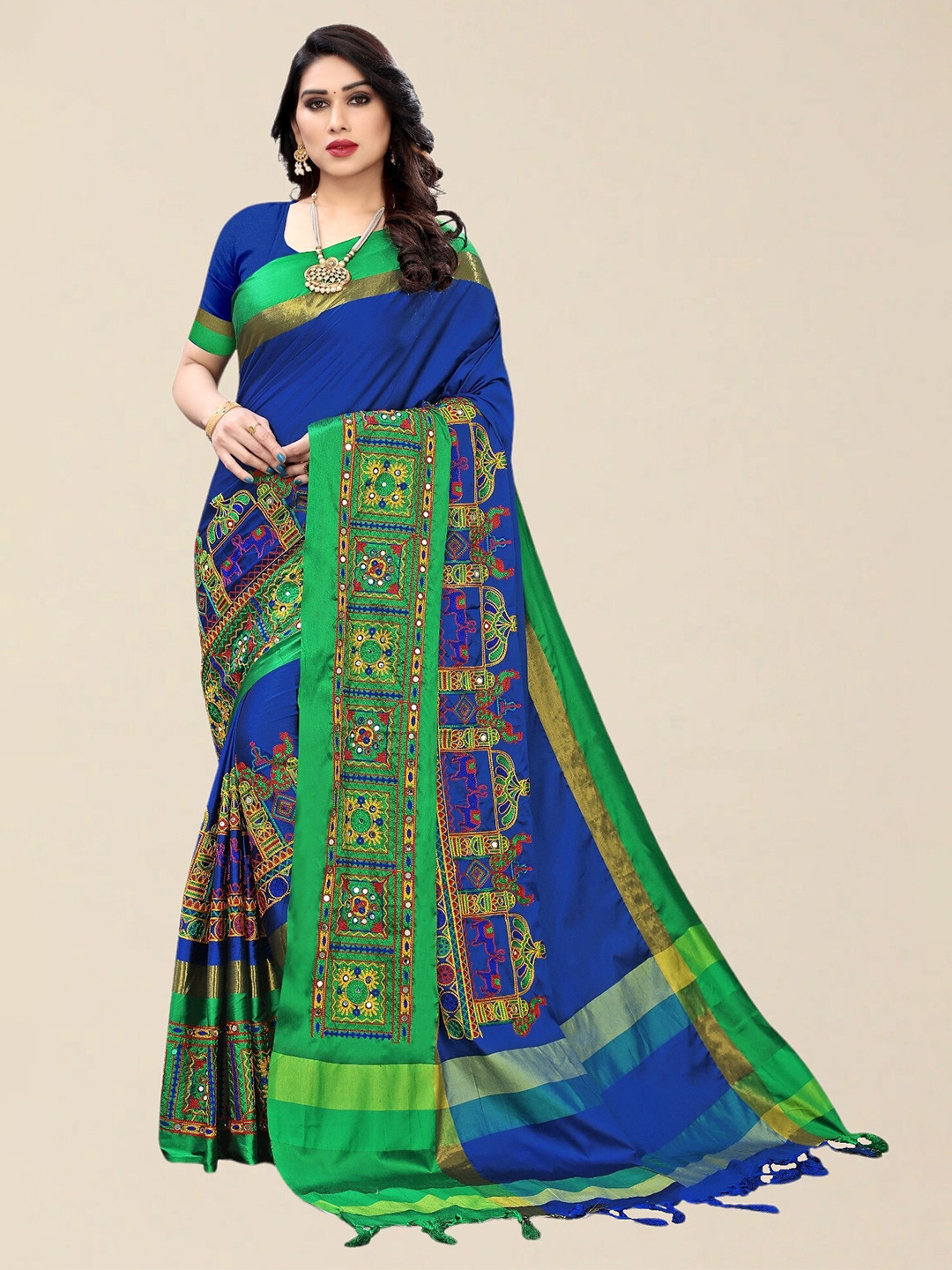SERONA FABRICS Blue & Green Ethnic Motifs Kutchi Embroidery Silk Cotton Saree