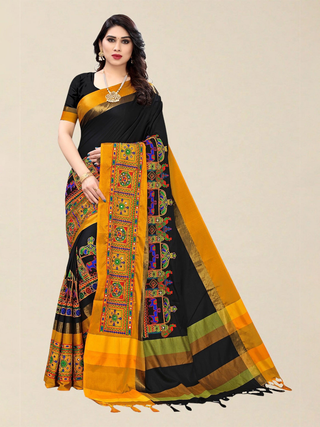 SERONA FABRICS Black & Yellow Ethnic Motifs Kutchi Embroidery Silk Cotton Saree