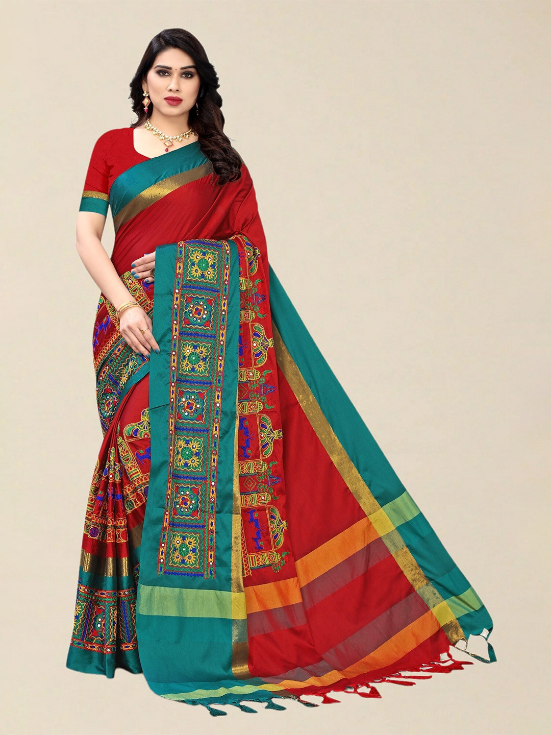 SERONA FABRICS Red & Green Embellished Kutchi Embroidery Silk Cotton Saree