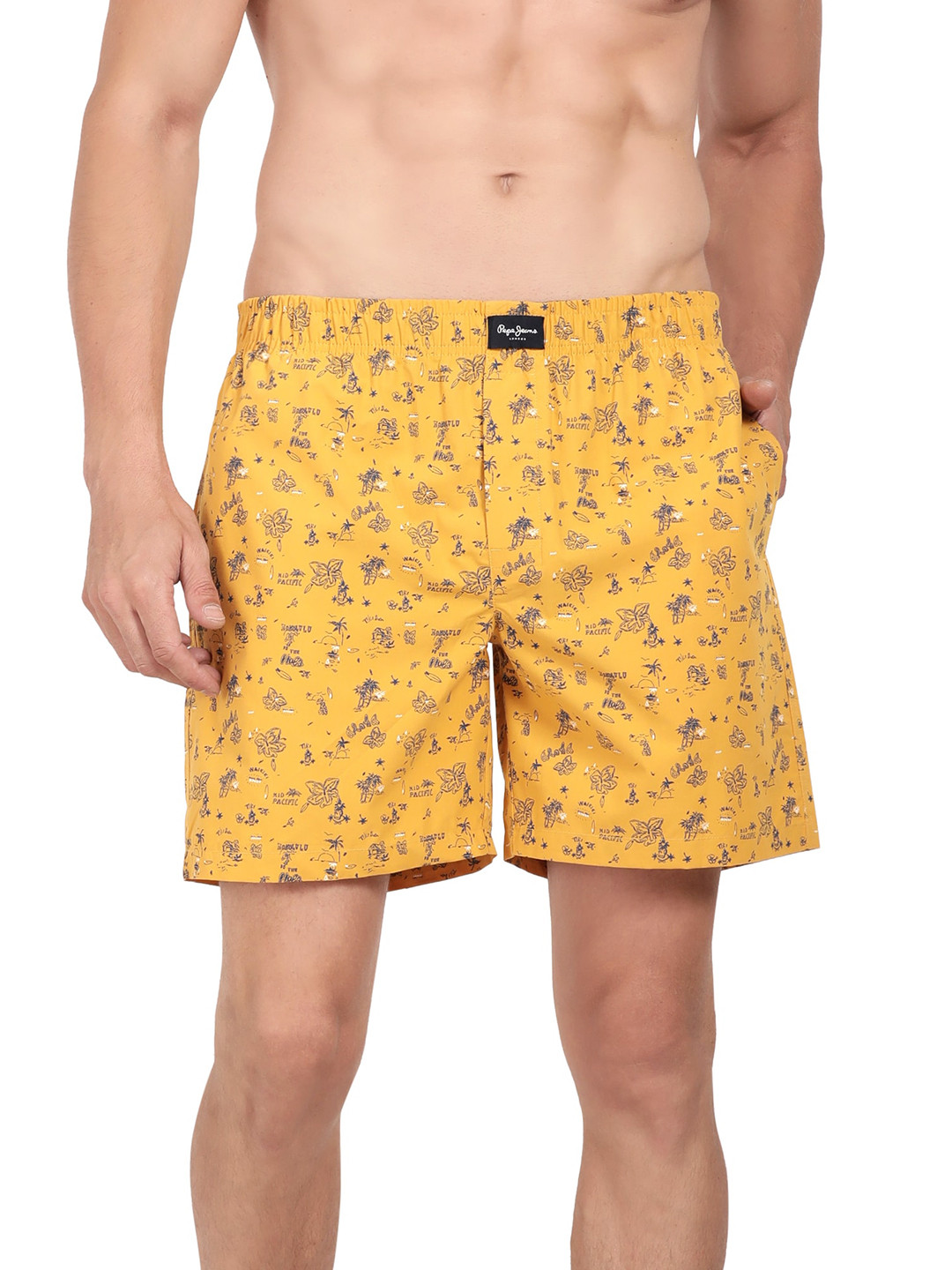 Pepe Jeans Men Gold-Colored & Blue Printed Pure Cotton Relaxed-Fit Boxer