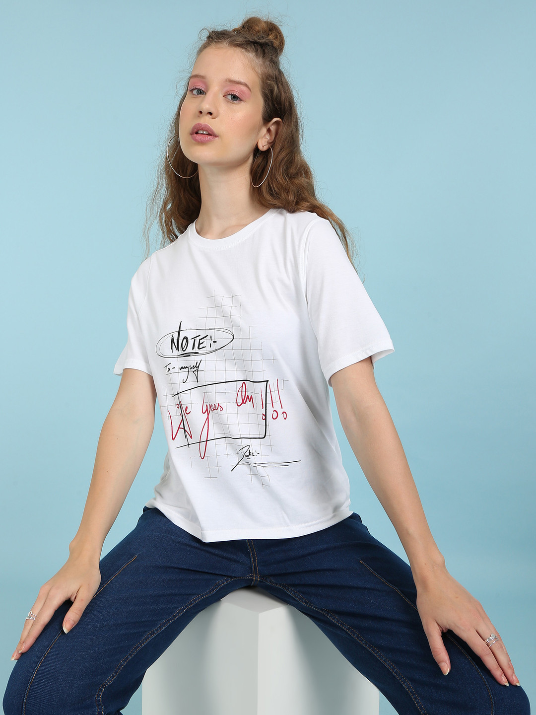 Flying Machine Women White Graphic Printed Pure Cotton Boxy T-shirt