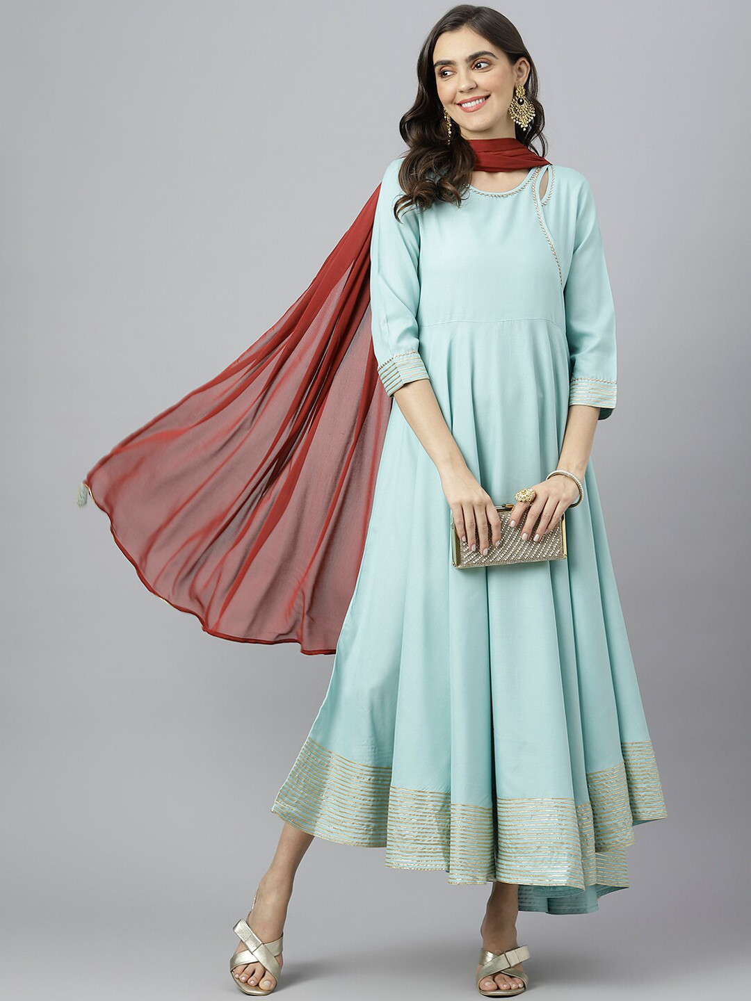 KALINI Women Turquoise Blue Anarkali Kurta with Dupatta