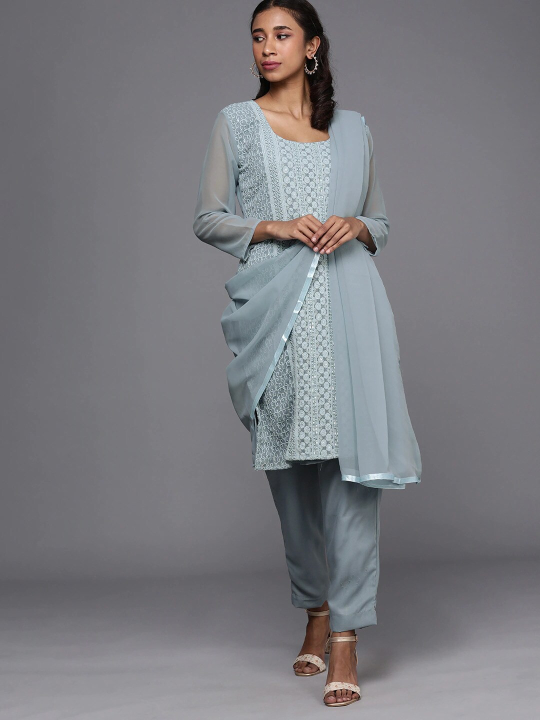 KALINI Turquoise Blue Embroidered Unstitched Dress Material