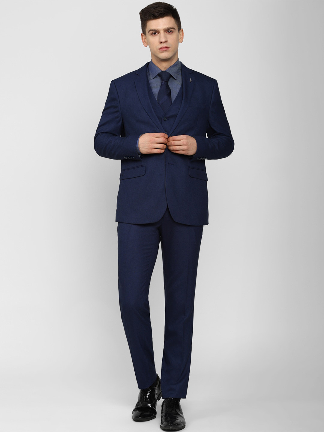 Van Heusen Men Navy Blue Solid Single-Breasted 3-Piece Slim-Fit Formal Suits