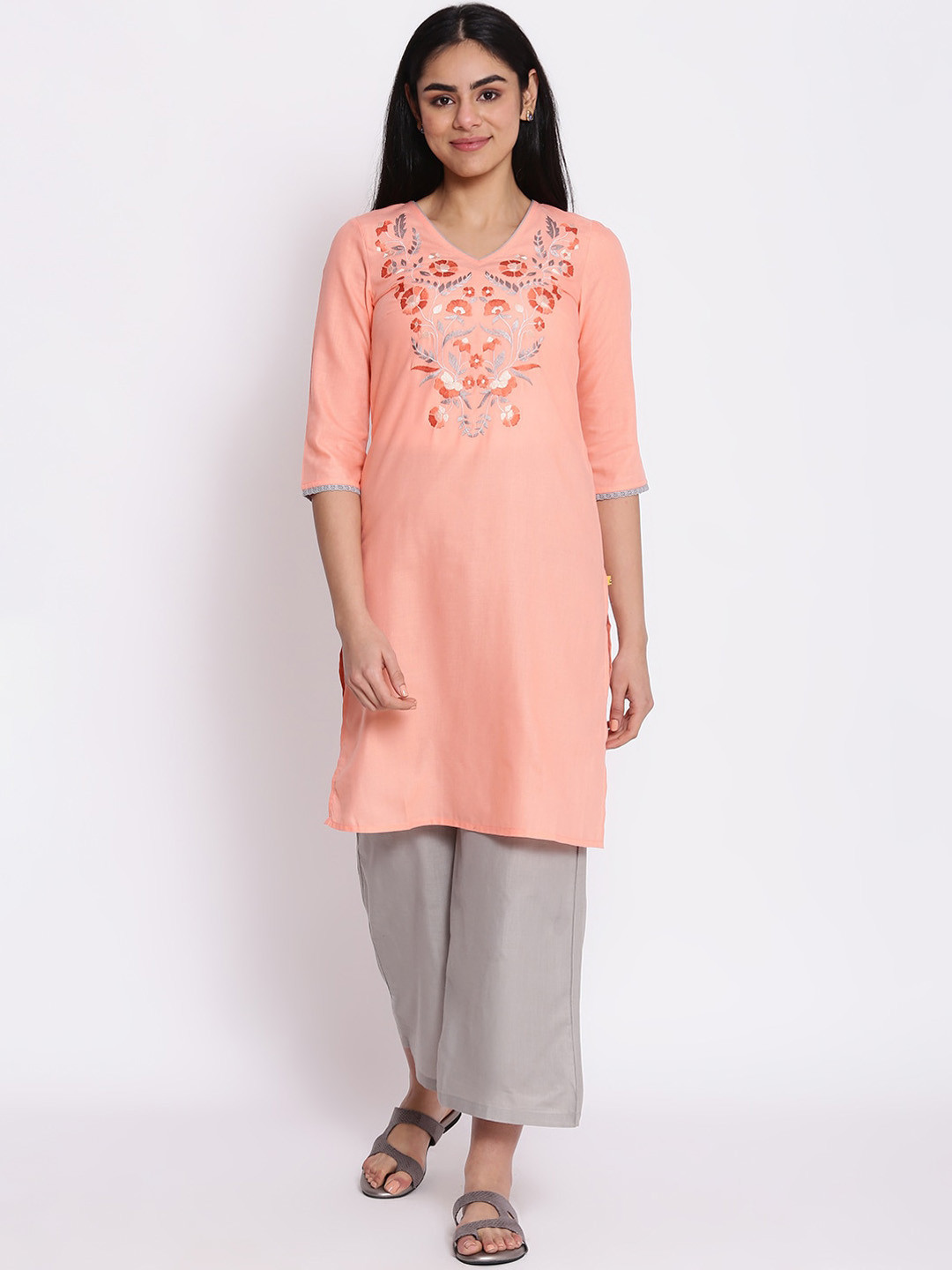 Aurelia Women Embroidered Cotton Blend Kurta Set with Palazzos