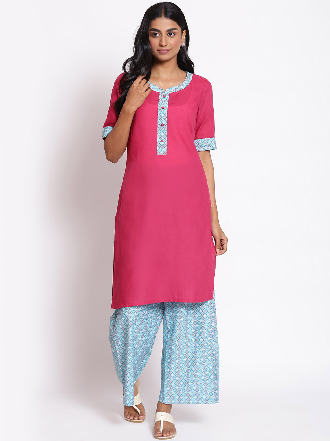 Aurelia Women Solid Cotton Blend Kurta Set with Palazzos