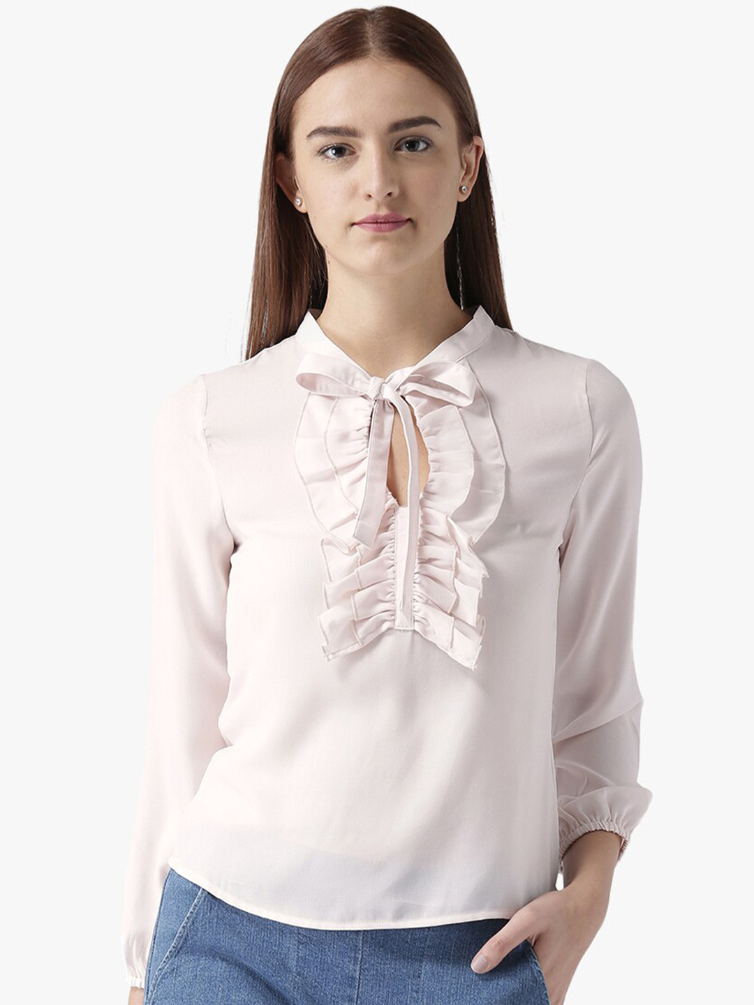 DODO & MOA women's Pink Tie-Up Neck Ruffles Top