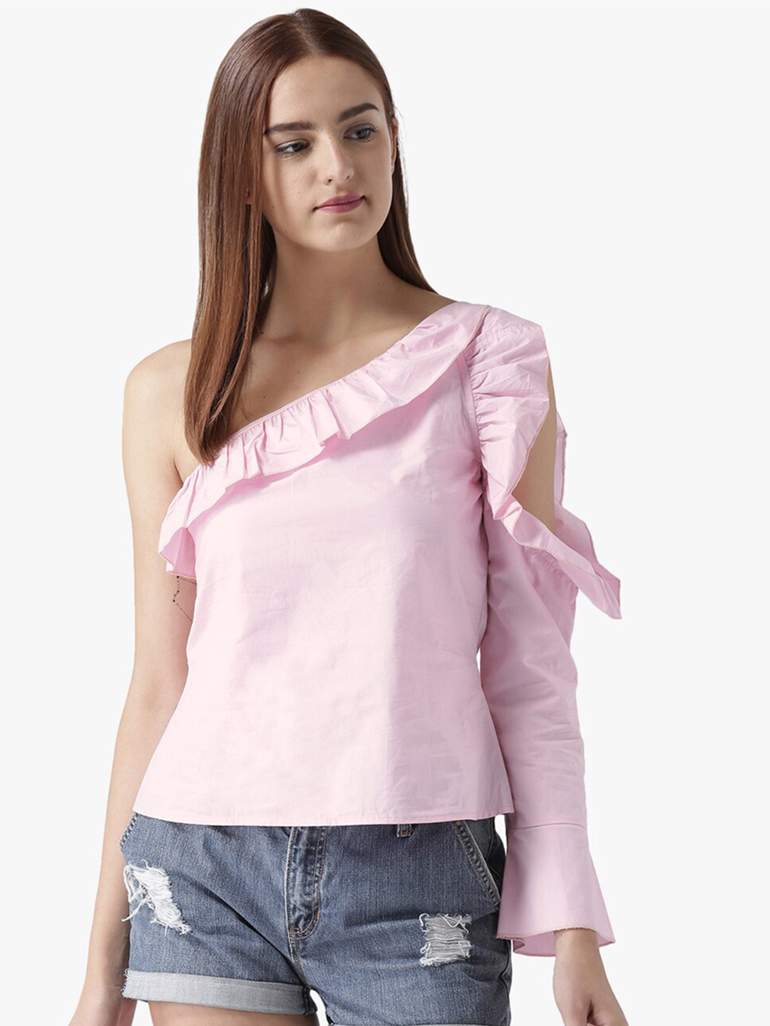 DODO & MOA women's Pink One Shoulder Ruffles Top