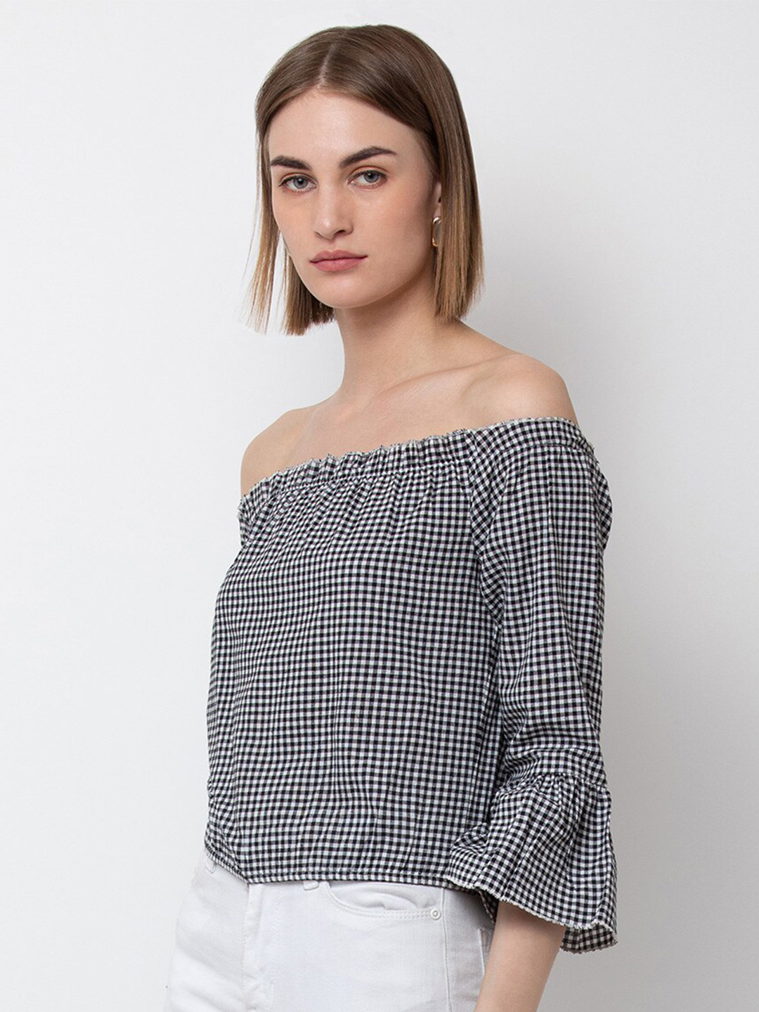 DODO & MOA women's Black & White Checked Off-Shoulder Bardot Top