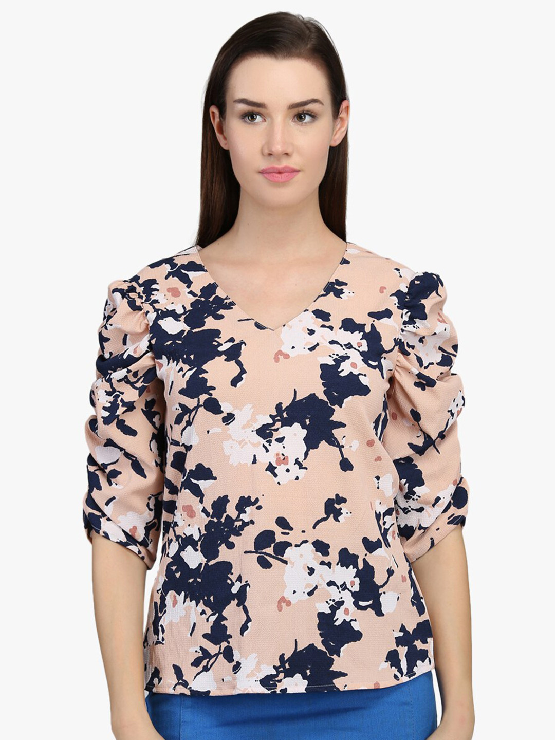 DODO & MOA women's Peach-Coloured & Navy Blue Floral Print Crepe Top