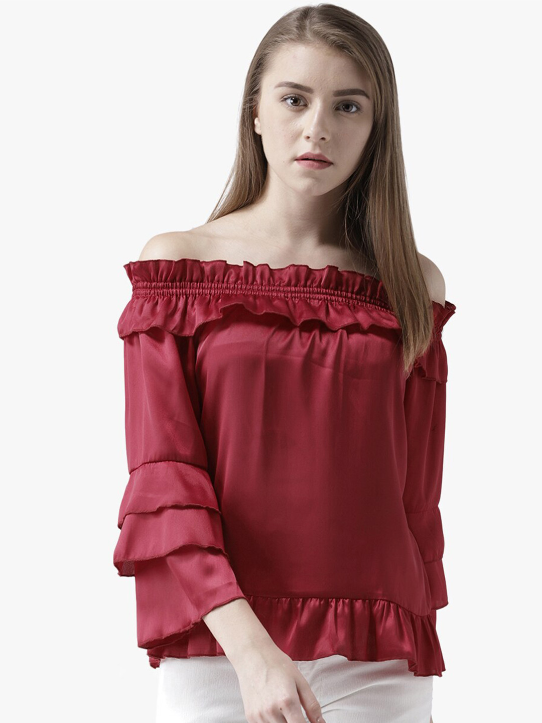 DODO & MOA women's Maroon Off-Shoulder Ruffles Top