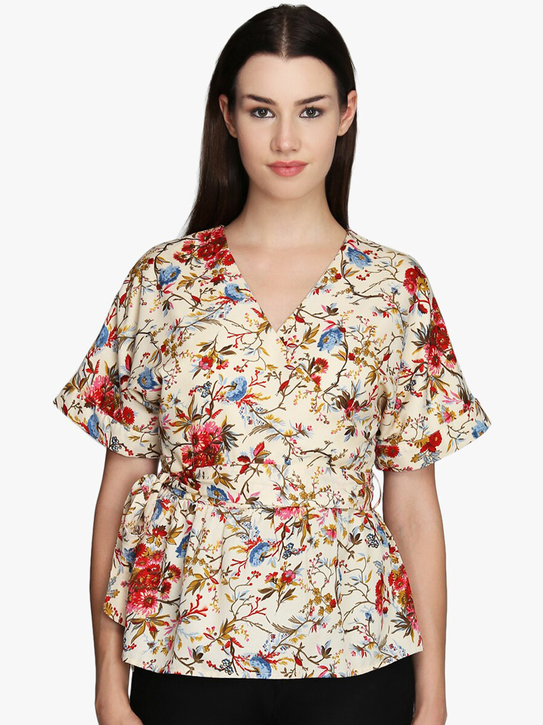 DODO & MOA women's Beige Floral Print Crepe Wrap Top