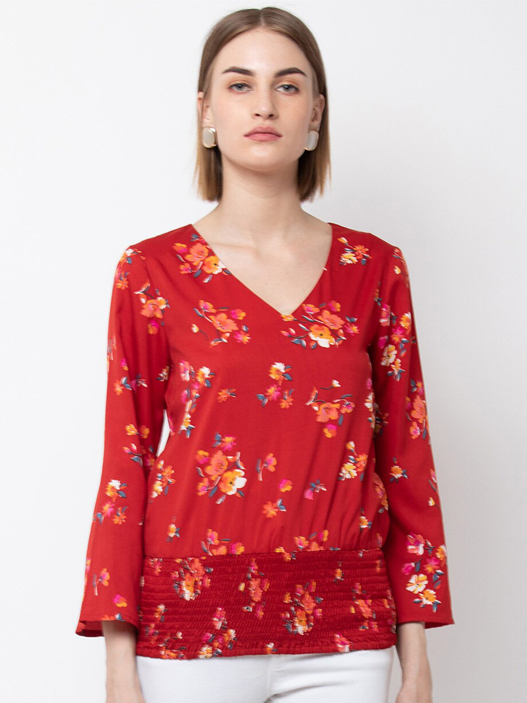 DODO & MOA women's Red Floral Print Crepe Wrap Top