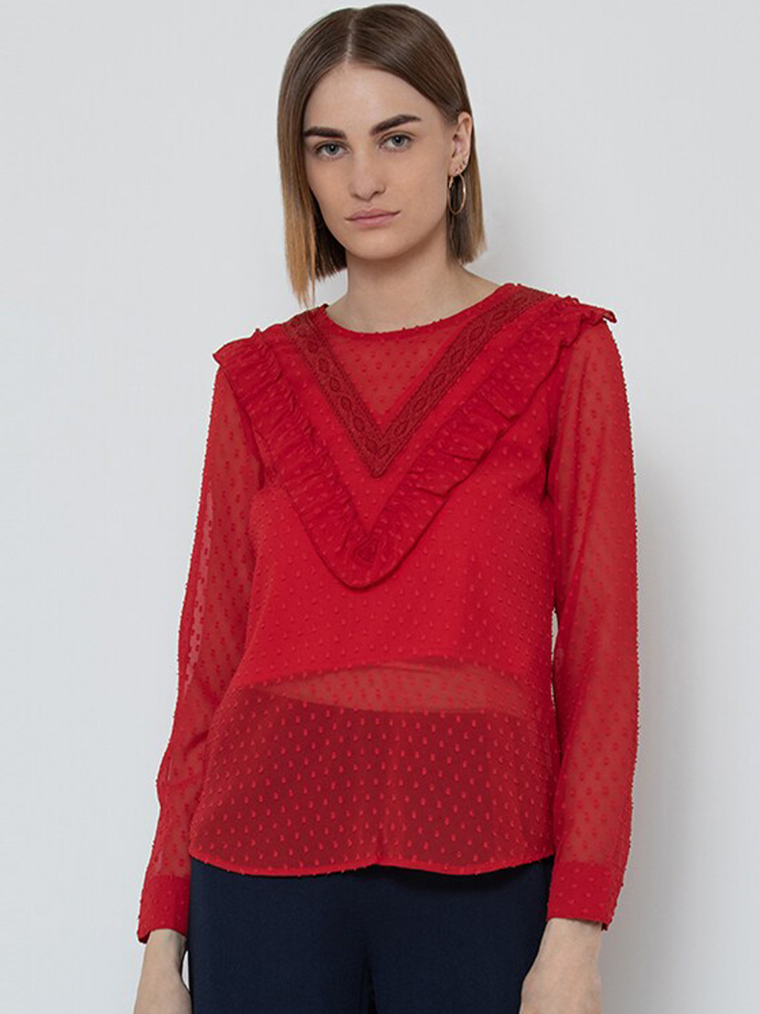 DODO & MOA women's Red Ruffles Sheer Georgette Top