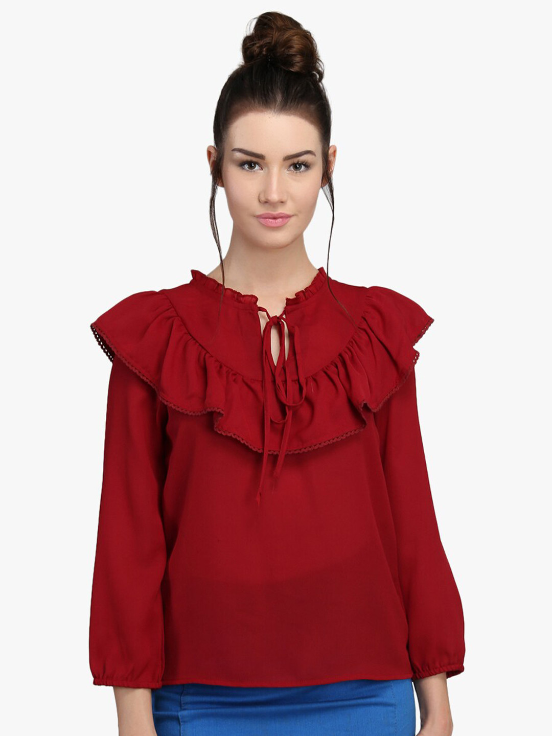 DODO & MOA women's Maroon Tie-Up Neck Crepe Top