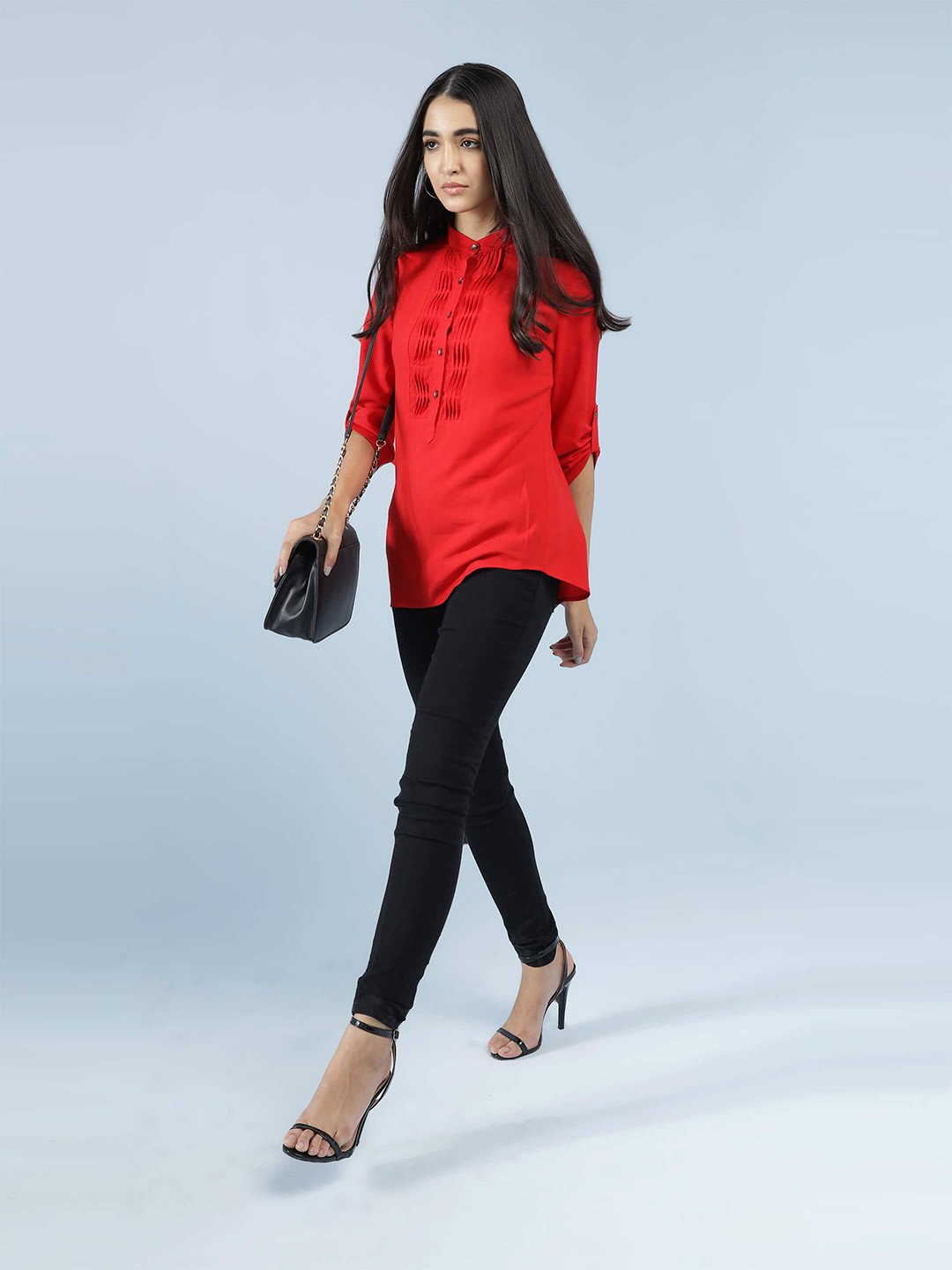 IDK Red Mandarin Collar Roll-Up Sleeves Shirt Style Top